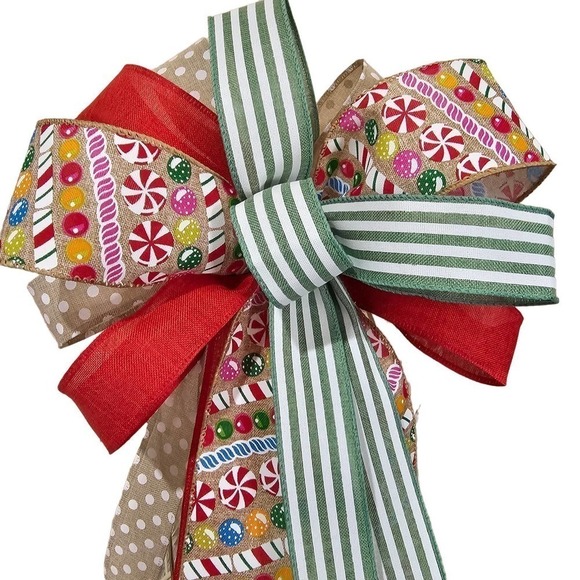 Candy Bow, Handmade Christmas Bow, Winter Bow, Whimsical Bow, Tree Topper - Picture 1 of 11
